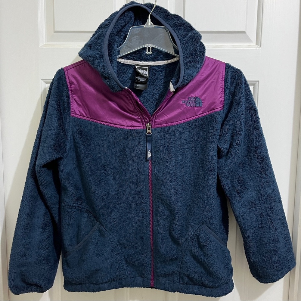 THE NORTH FACE DENALI JACKET Girl Large 14/16 soft fleece zip hooded navy/purple